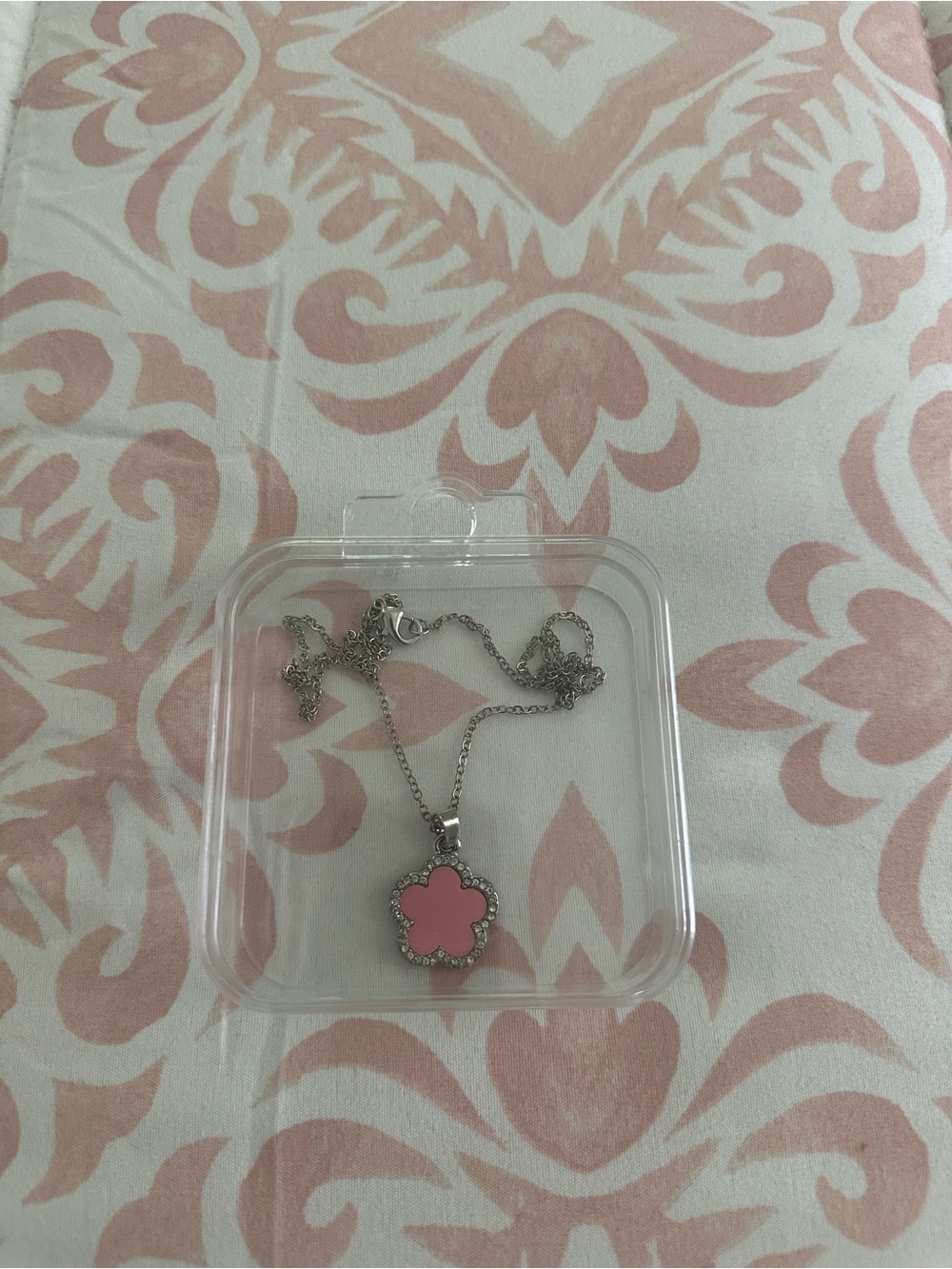 Silver Necklace with Pink Four-Leaf Pendant